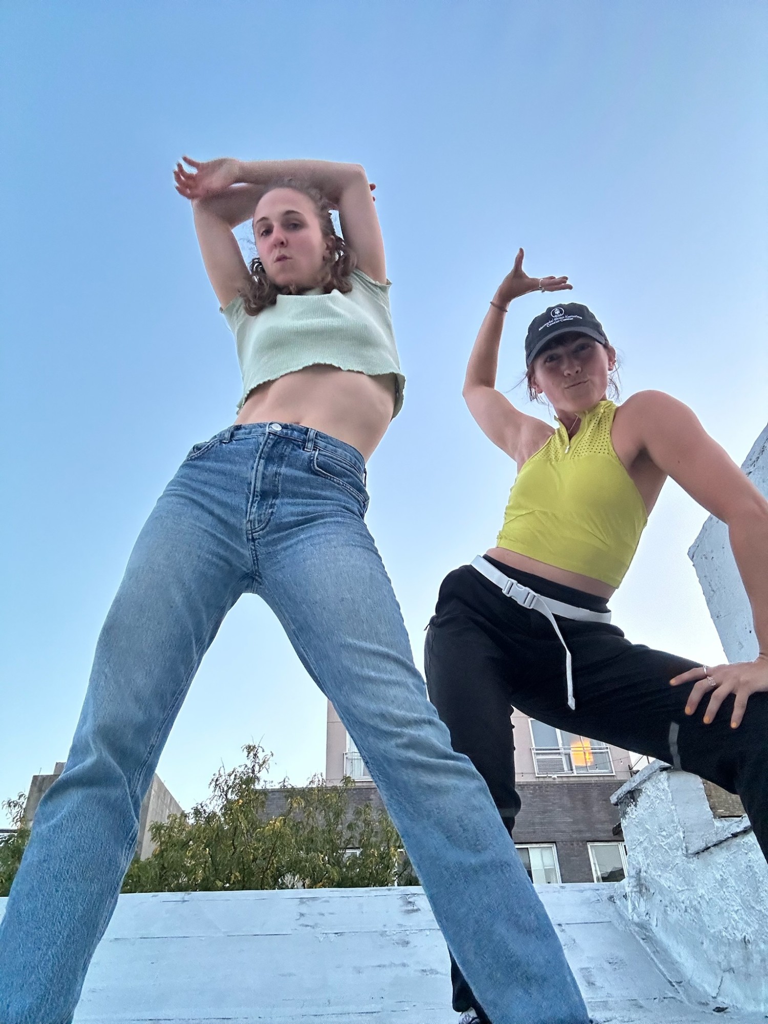 Hope and a friend striking dramatic dance poses on a rooftop, shot from below against a blue evening sky