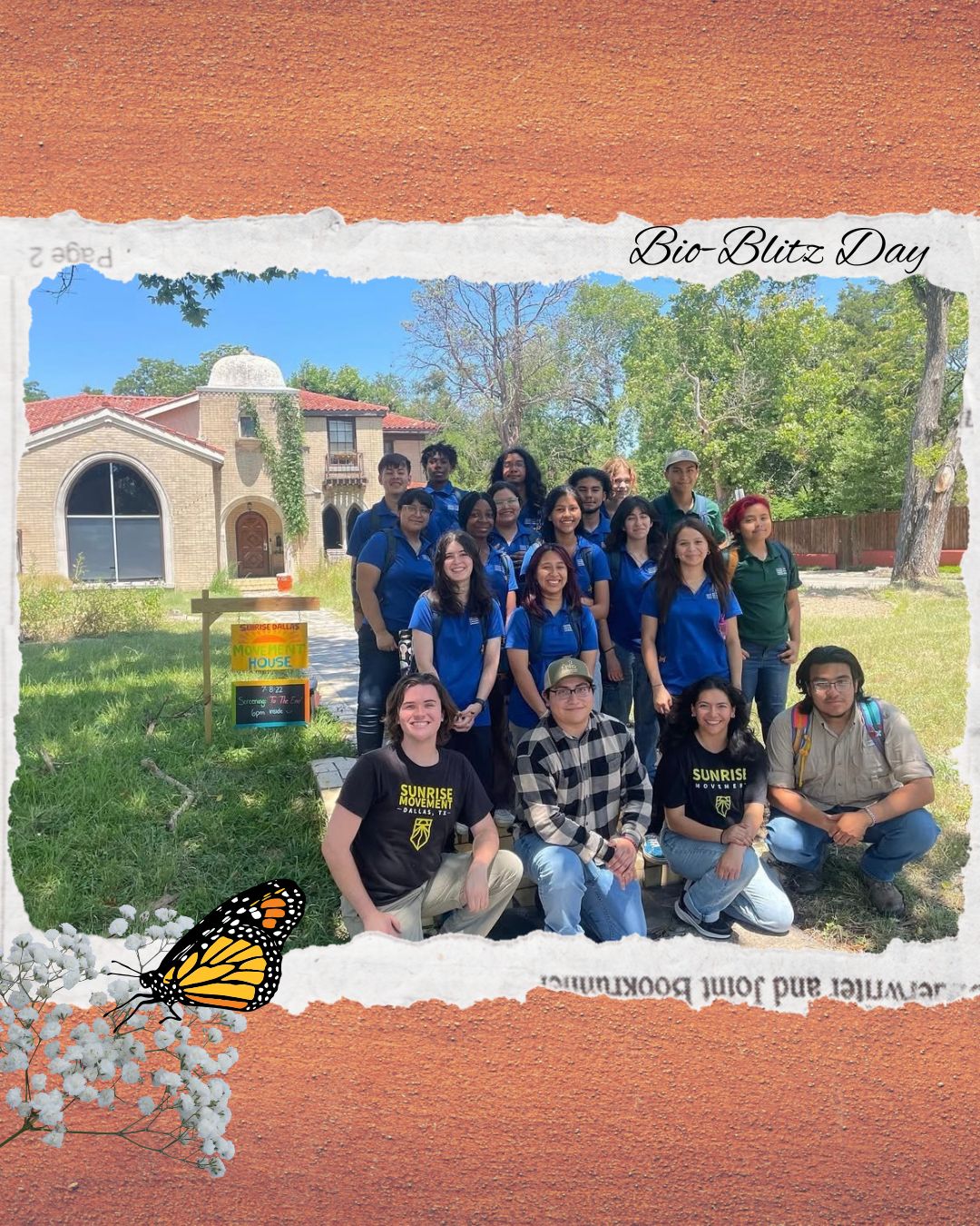 Collage titled Bio-Blitz Day: a group of young volunteers in blue shirts in front of the Movement House