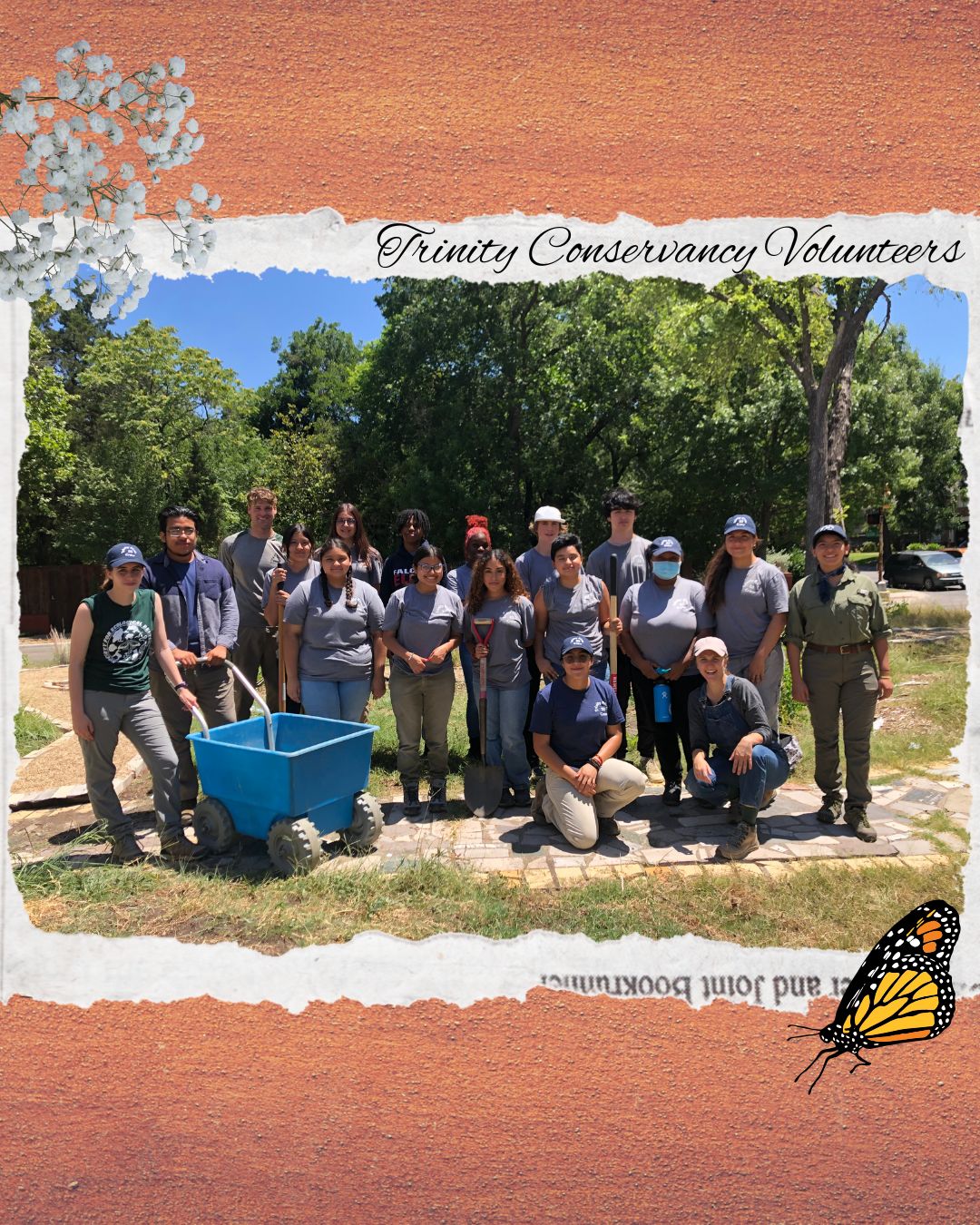 Collage titled Trinity Conservancy Volunteers: a group of volunteers with shovels and a wheelbarrow in the garden